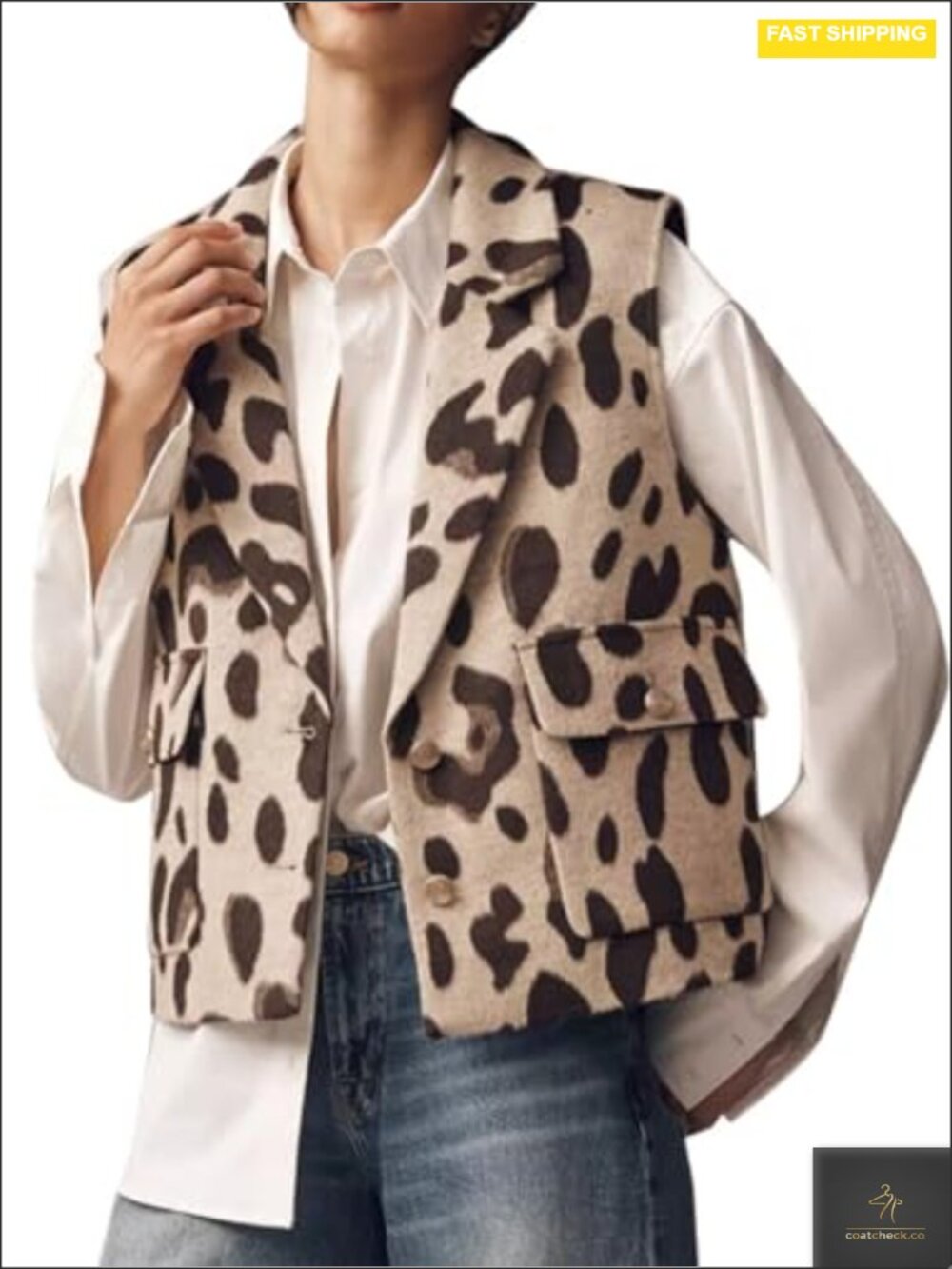 Sleeveless Leopard Flannel Vest Blazer with Pockets
